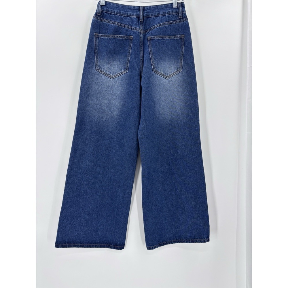Womens Wide Leg Heart patchwork Denim Jeans Medium Wash Y2K Coquette Size Small - Picture 8 of 13